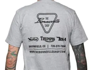 TBS 9990 03 THE BONNEVILLE SHOP PATENT PLATE LOGO GREY GRAY T SHIRT TRIUMPH NORTON BSA