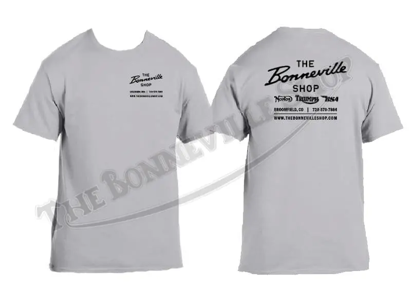 The Bonnie Shop Script Logo T-Shirt Grey with Black Ink PN# TBS-9994 The Bonneville Shop Script Logo T-Shirt