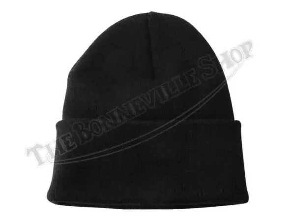 TBS HAT01 02 THE BONNEVILLE SHOP PATENT PLATE GOLD LOGO BLACK CUFFED BEANIE TRIUMPH NORTON BSA