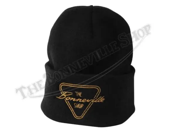 TBS HAT01 03 THE BONNEVILLE SHOP PATENT PLATE GOLD LOGO BLACK CUFFED BEANIE TRIUMPH NORTON BSA