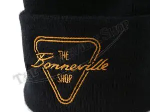 TBS HAT01 04 THE BONNEVILLE SHOP PATENT PLATE GOLD LOGO BLACK CUFFED BEANIE TRIUMPH NORTON BSA