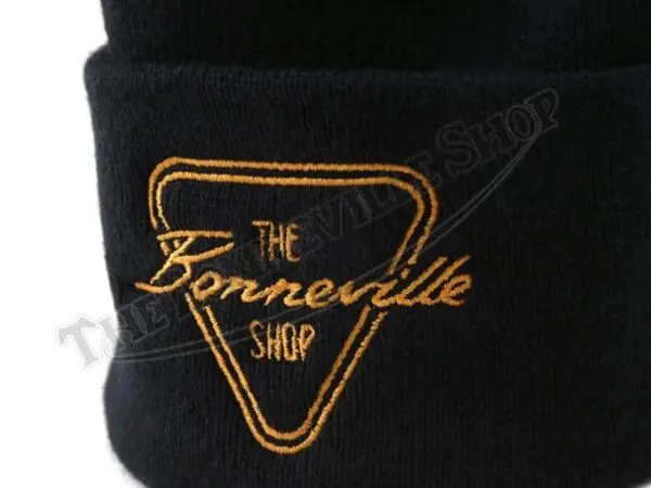 TBS HAT01 04 THE BONNEVILLE SHOP PATENT PLATE GOLD LOGO BLACK CUFFED BEANIE TRIUMPH NORTON BSA