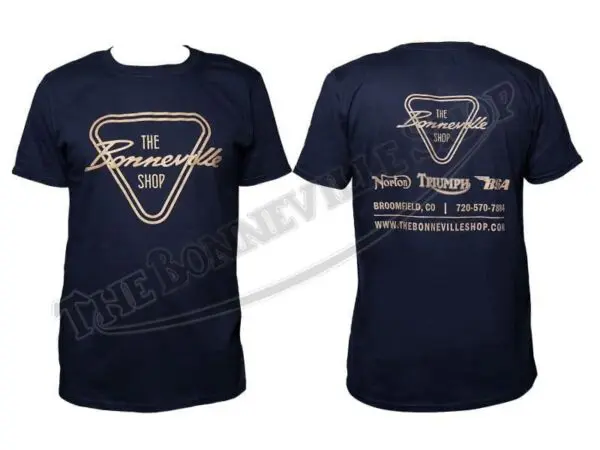 TBS 9988 01 THE BONNEVILLE SHOP PATENT PLATE LOGO NAVY BLUE T SHIRT TRIUMPH NORTON BSA 1