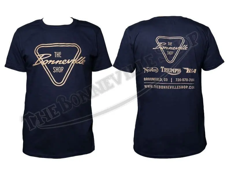 TBS 9988 01 THE BONNEVILLE SHOP PATENT PLATE LOGO NAVY BLUE T SHIRT TRIUMPH NORTON BSA 1