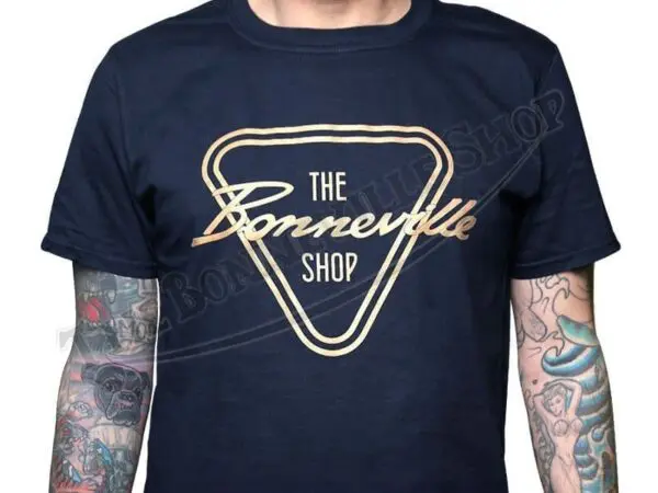 TBS 9988 02 THE BONNEVILLE SHOP PATENT PLATE LOGO NAVY BLUE T SHIRT TRIUMPH NORTON BSA 1
