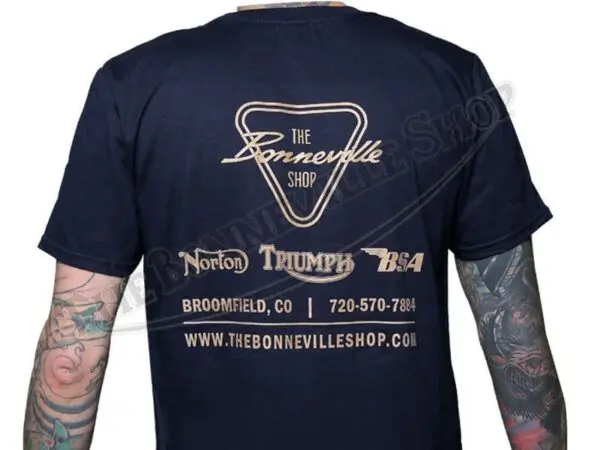 TBS 9988 03 THE BONNEVILLE SHOP PATENT PLATE LOGO NAVY BLUE T SHIRT TRIUMPH NORTON BSA 1