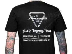 TBS 9989 02 THE BONNEVILLE SHOP PATENT PLATE LOGO BLACK T SHIRT TRIUMPH NORTON BSA 1
