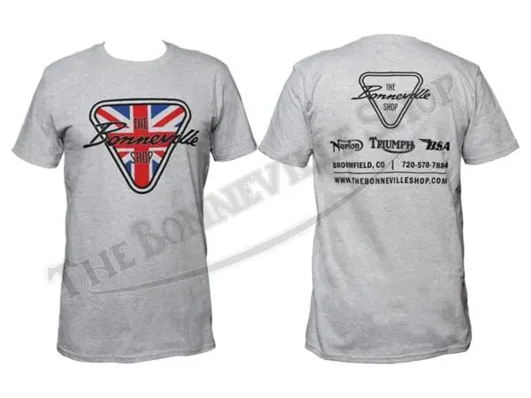 TBS 9990 01 THE BONNEVILLE SHOP PATENT PLATE LOGO GREY GRAY T SHIRT TRIUMPH NORTON BSA 1