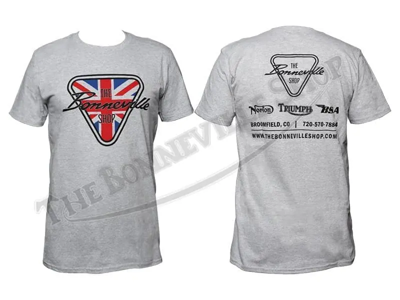 TBS 9990 01 THE BONNEVILLE SHOP PATENT PLATE LOGO GREY GRAY T SHIRT TRIUMPH NORTON BSA 1