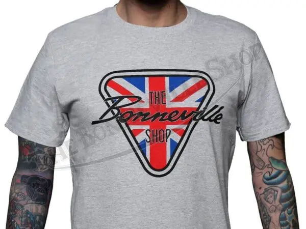 TBS 9990 02 THE BONNEVILLE SHOP PATENT PLATE LOGO GREY GRAY T SHIRT TRIUMPH NORTON BSA