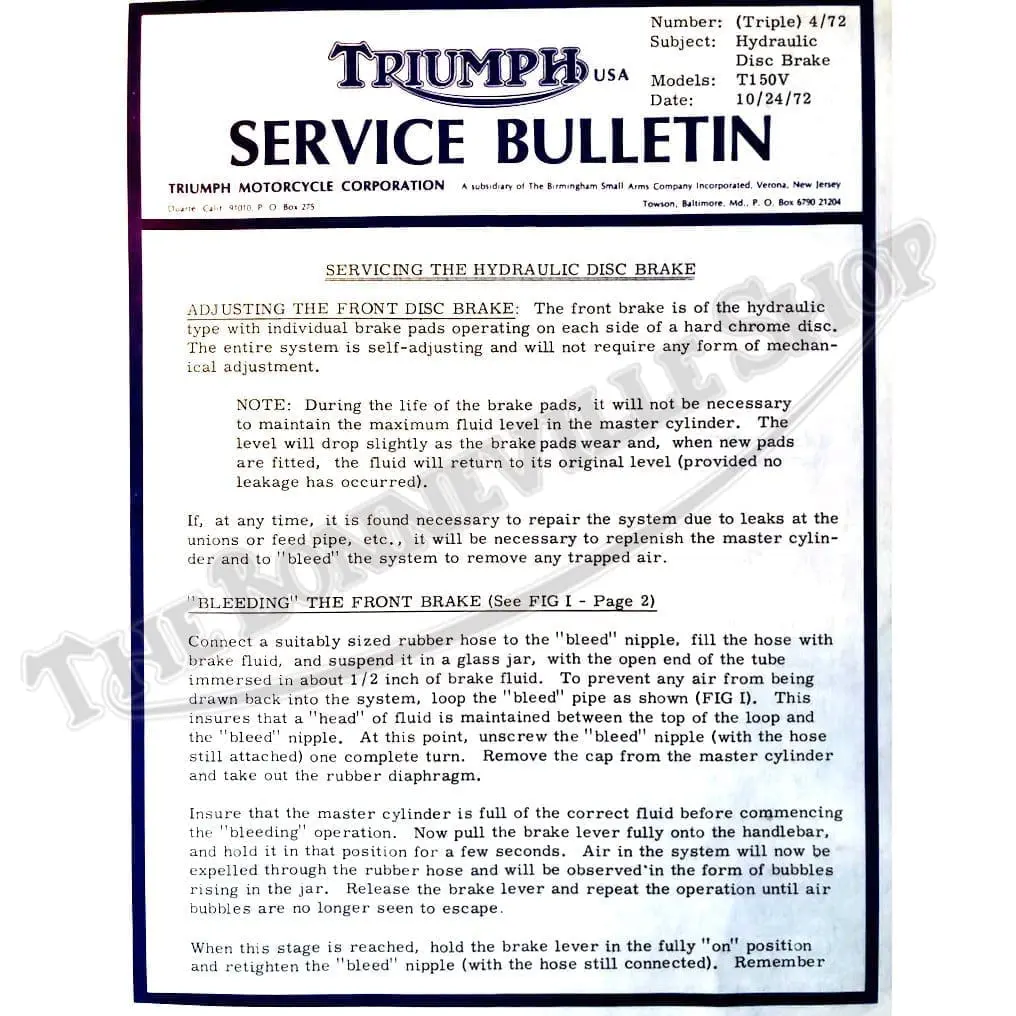 Triumph Service Bulletin 4/72 - Servicing the Hydraulic Disc Brake