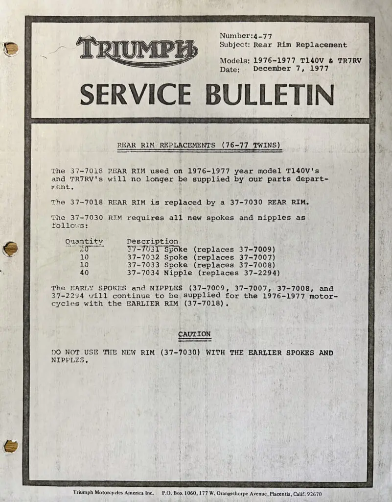Triumph T140 Rear Rim Retrofit and Service Bulletin 4-77