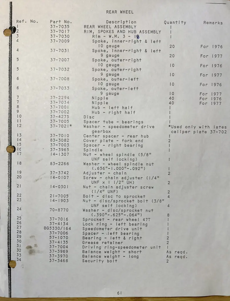 Triumph T140 Rear Rim Retrofit and Service Bulletin 4-77 Parts Book