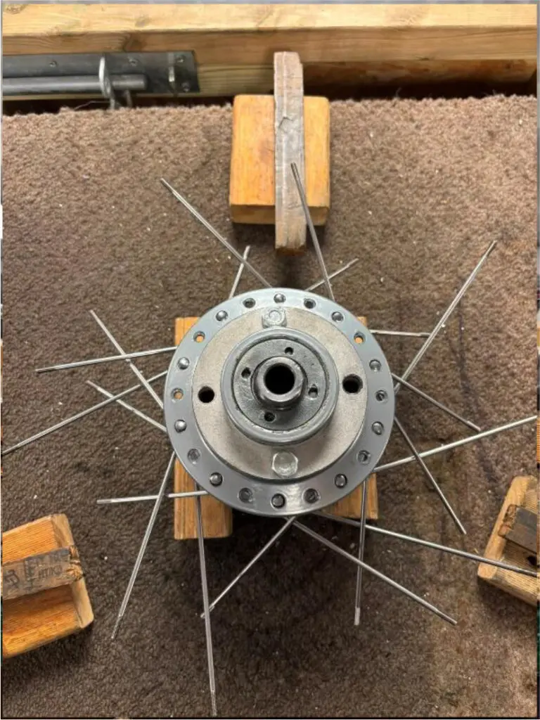 3. Remove the rim and add your inner spokes to the hub.